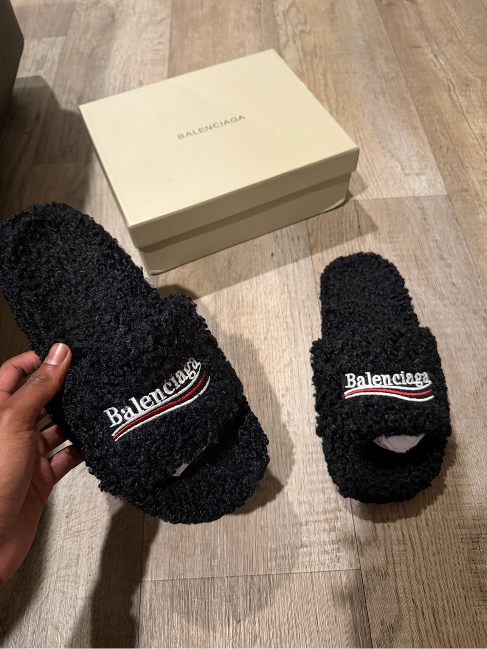 Balenciaga Black Shearling Slide Sandals with White & Red Logo